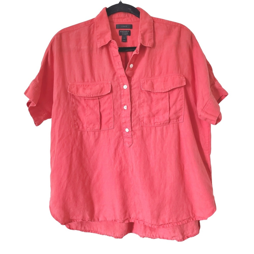 J Crew Baird McNutt Irish Linen Popover Shirt‎ Coral Womens 6 Short Sleeve Top